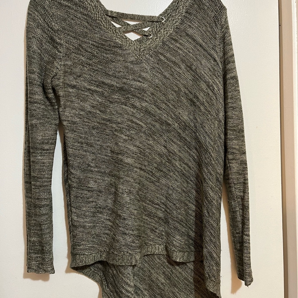 Democracy Heathered Knit Sweater with Crisscross V-Neck